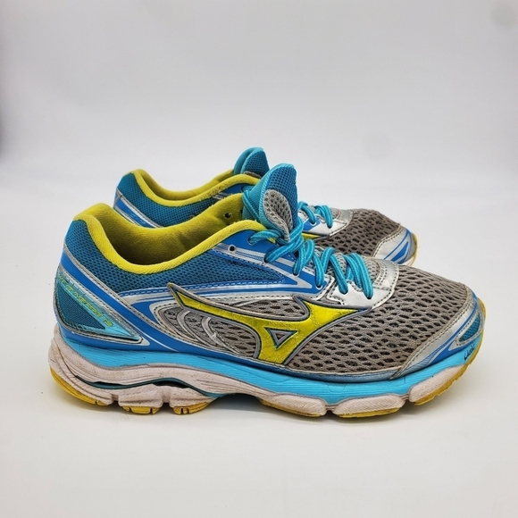 Mizuno Shoes Women's 9 Wave Inspire 13 Gray Aqua Yellow Running Training - Picture 10 of 14